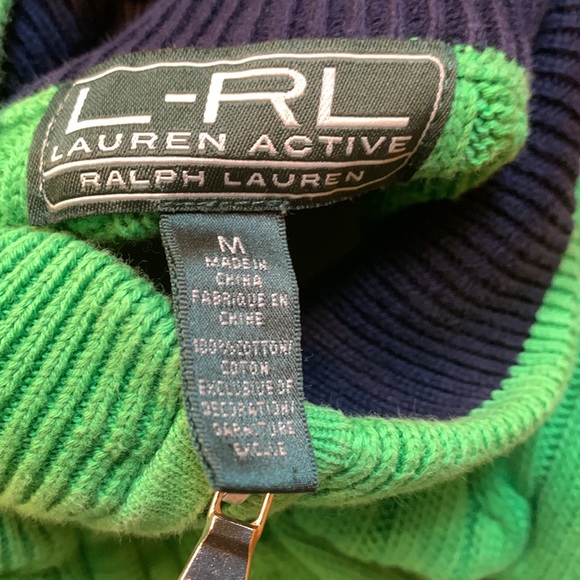 Ralph Lauren cable knit full zip lime green and navy blue sweater Medium - Picture 15 of 17